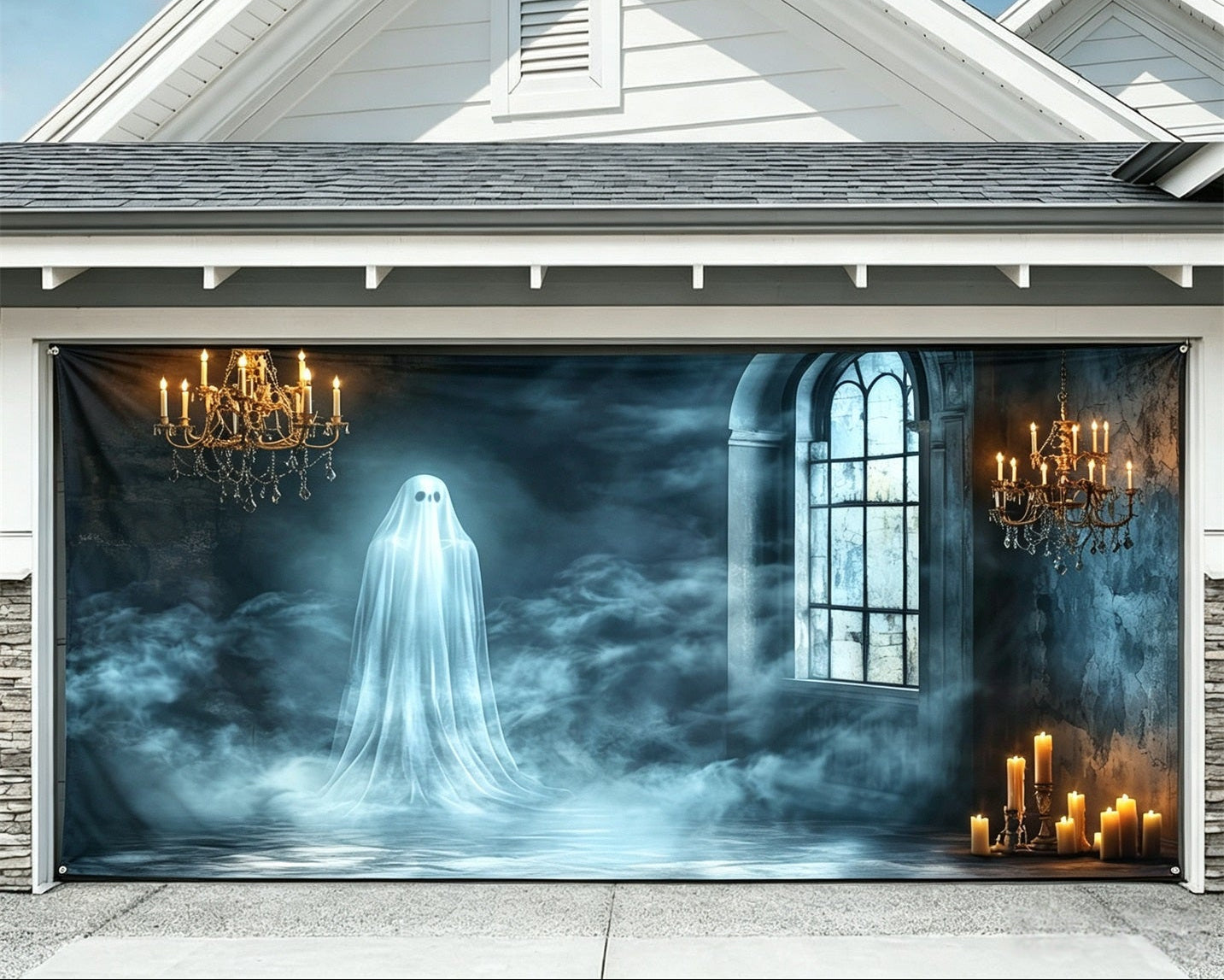 Halloween Ghost Haunted Mansion Backdrop Garage Door Cover GQ67-36-2 car