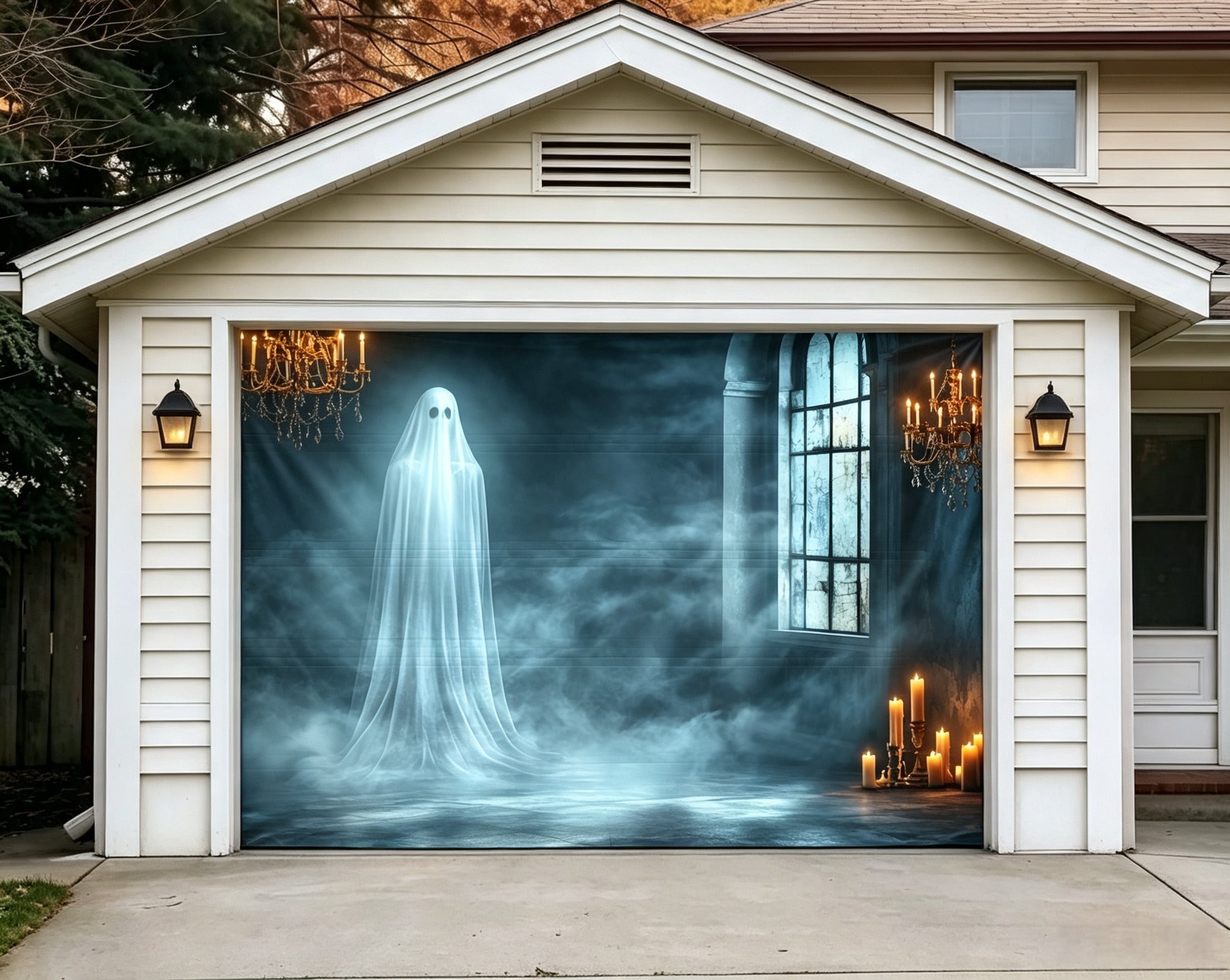 Halloween Ghost Haunted Mansion Backdrop Garage Door Cover GQ67-36-1 car