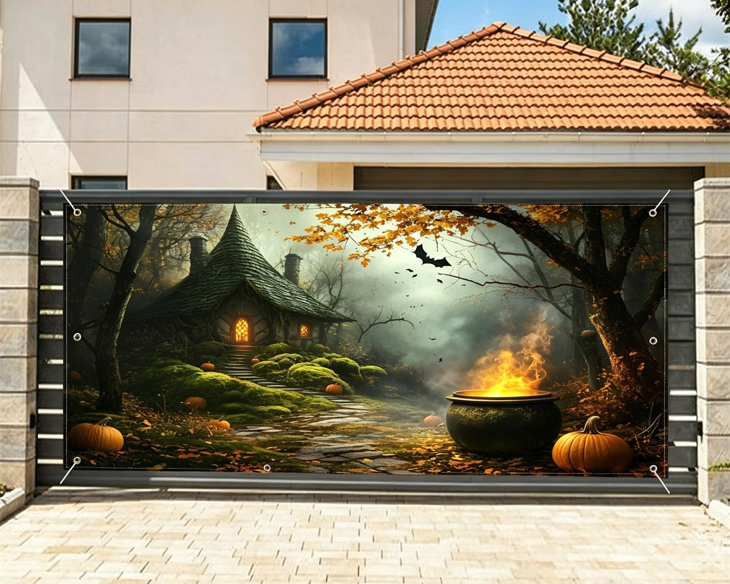 Halloween Witch Cauldron Woodland Cottage Garage Door Backdrop GQ67-40-2 car