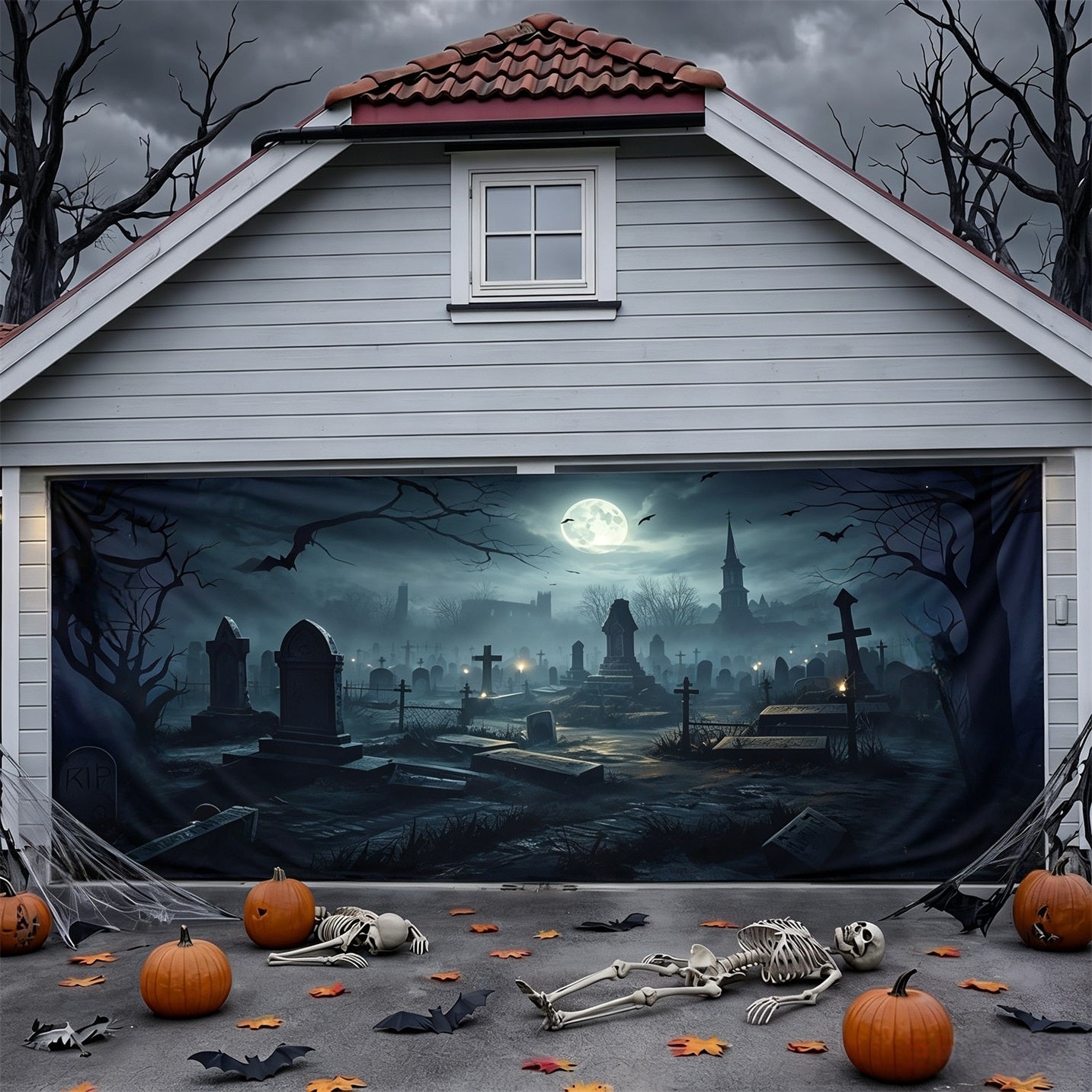 Halloween Moonlit Skeleton Graveyard Backdrop Garage Door Banner GQ67-44