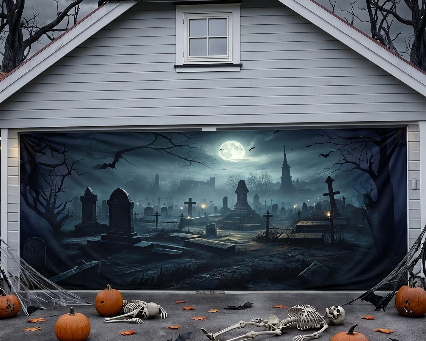 Halloween Moonlit Skeleton Graveyard Backdrop Garage Door Banner GQ67-44-2 car