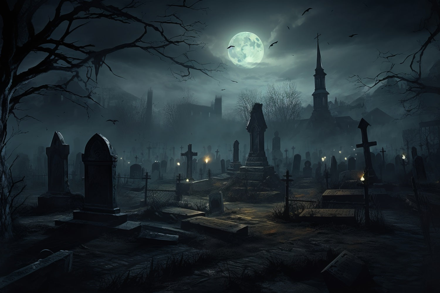 A dark, moody cemetery scene at night under a full moon, with tombstones, bare trees, church spires in the distance, and small glowing lanterns.