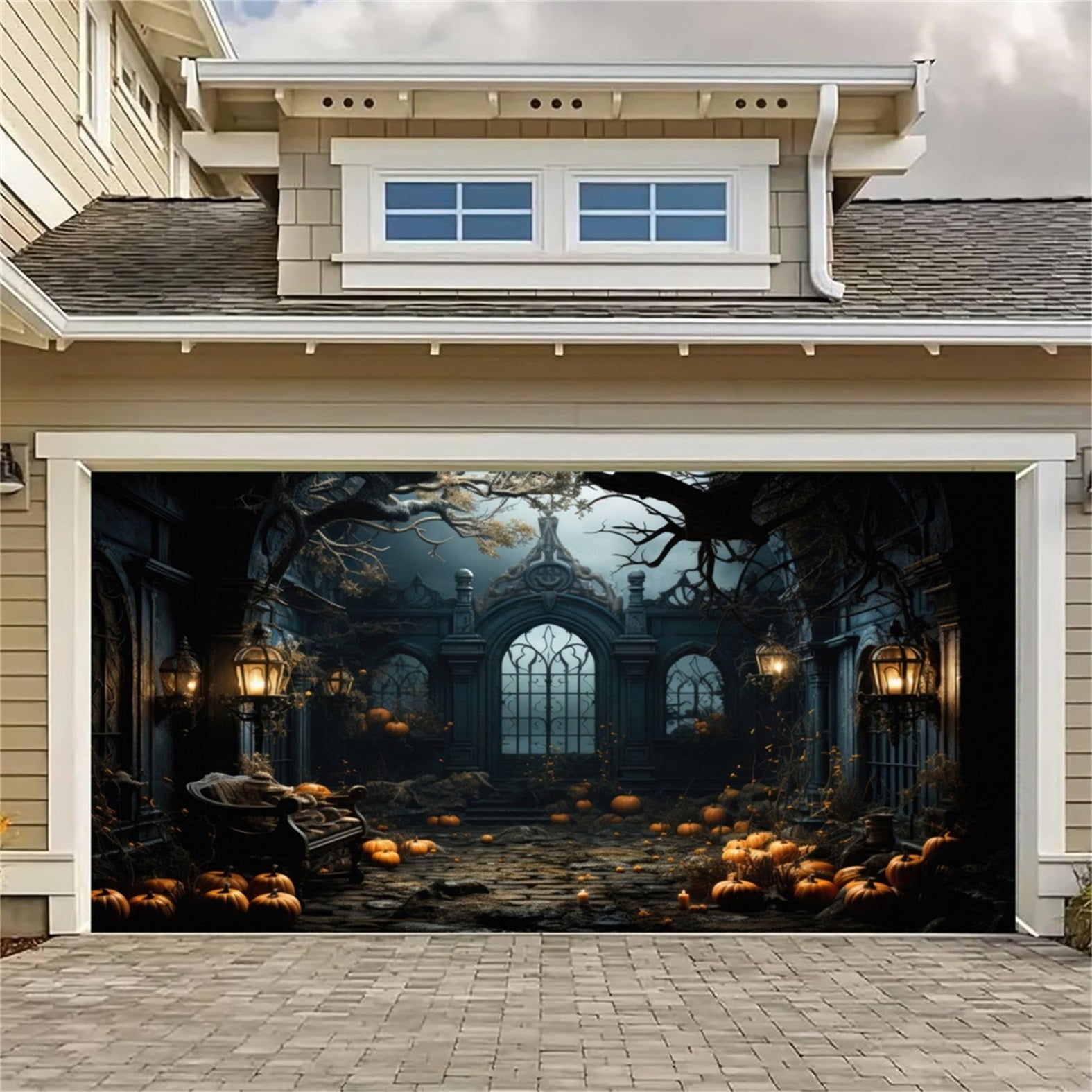 Halloween Pumpkin Gothic Courtyard Gate Garage Door Backdrop GQ67-45