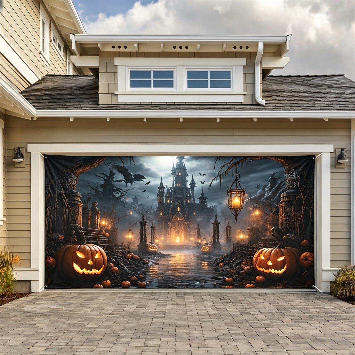 Halloween Lantern Pumpkin Haunted Castle Garage Door Backdrop GQ67-46