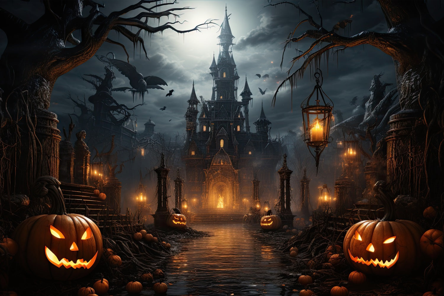 Halloween Lantern Pumpkin Haunted Castle Garage Door Backdrop GQ67-46