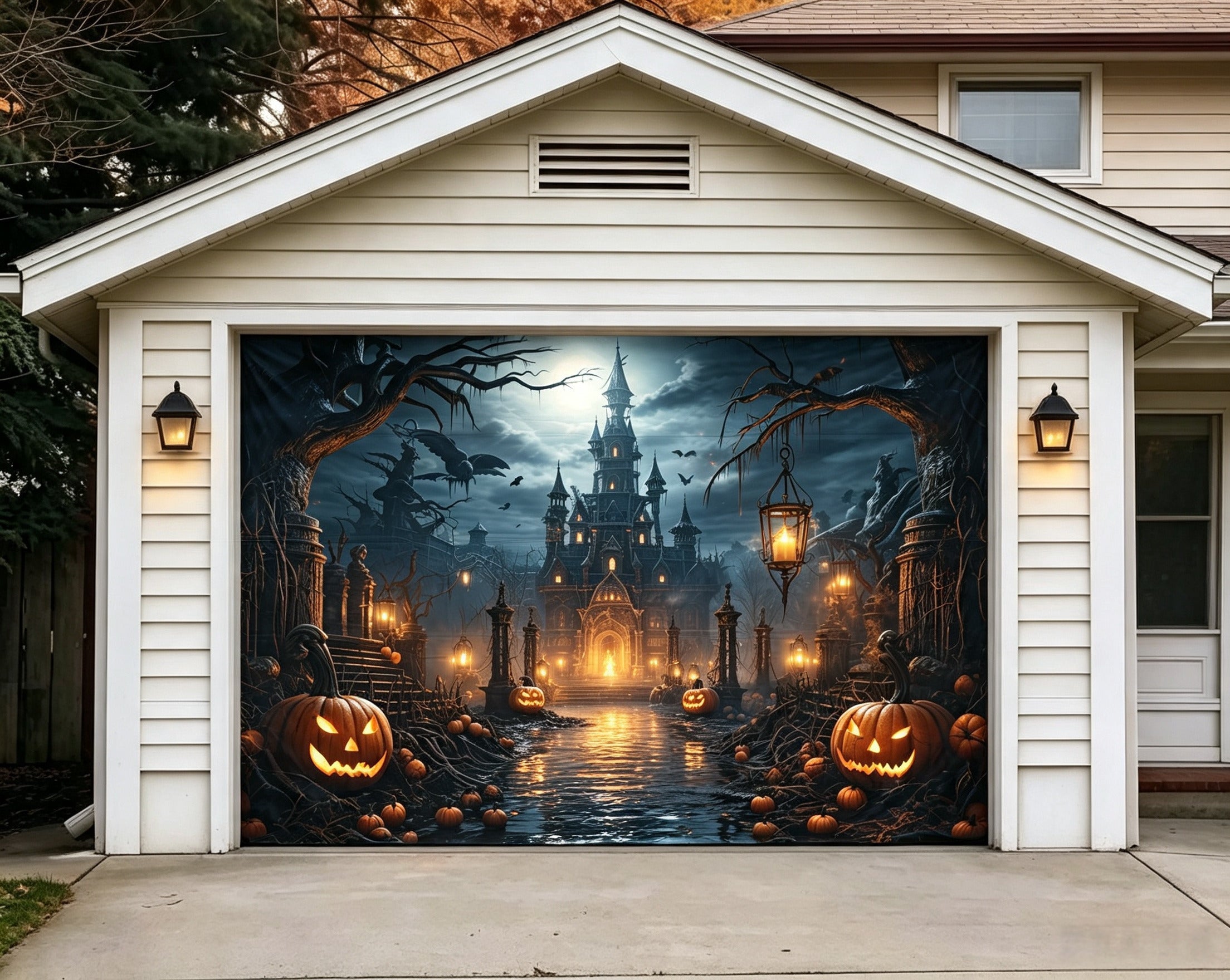 Halloween Lantern Pumpkin Haunted Castle Garage Door Backdrop GQ67-46-1 car