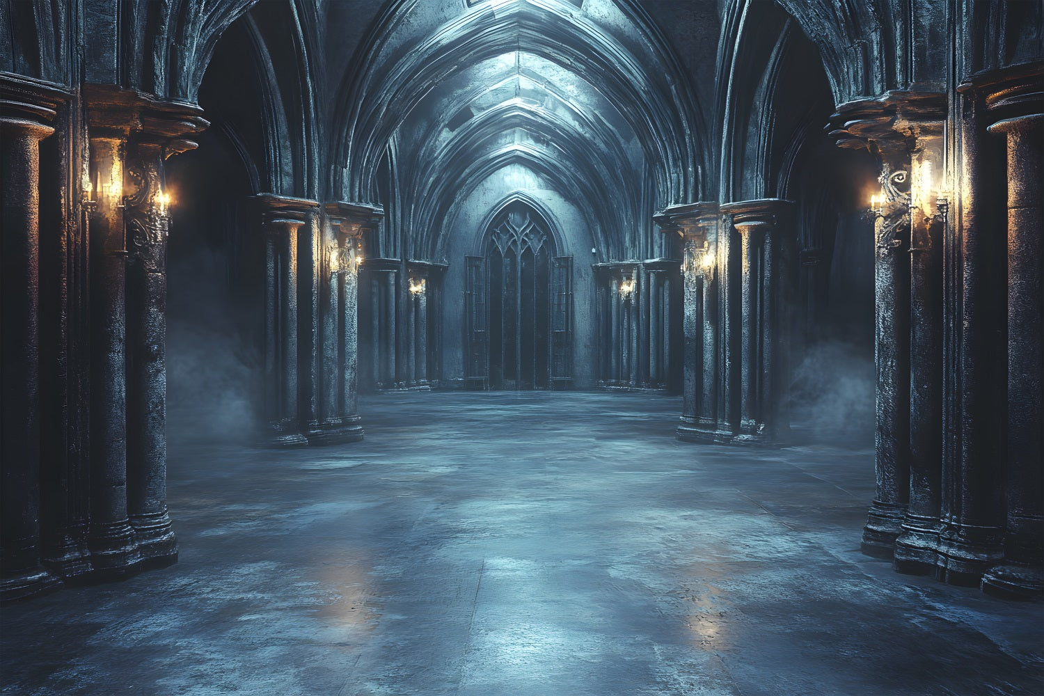 Scary Halloween Foggy Gothic Cathedral Corridor Garage Door Backdrop GQ67-49