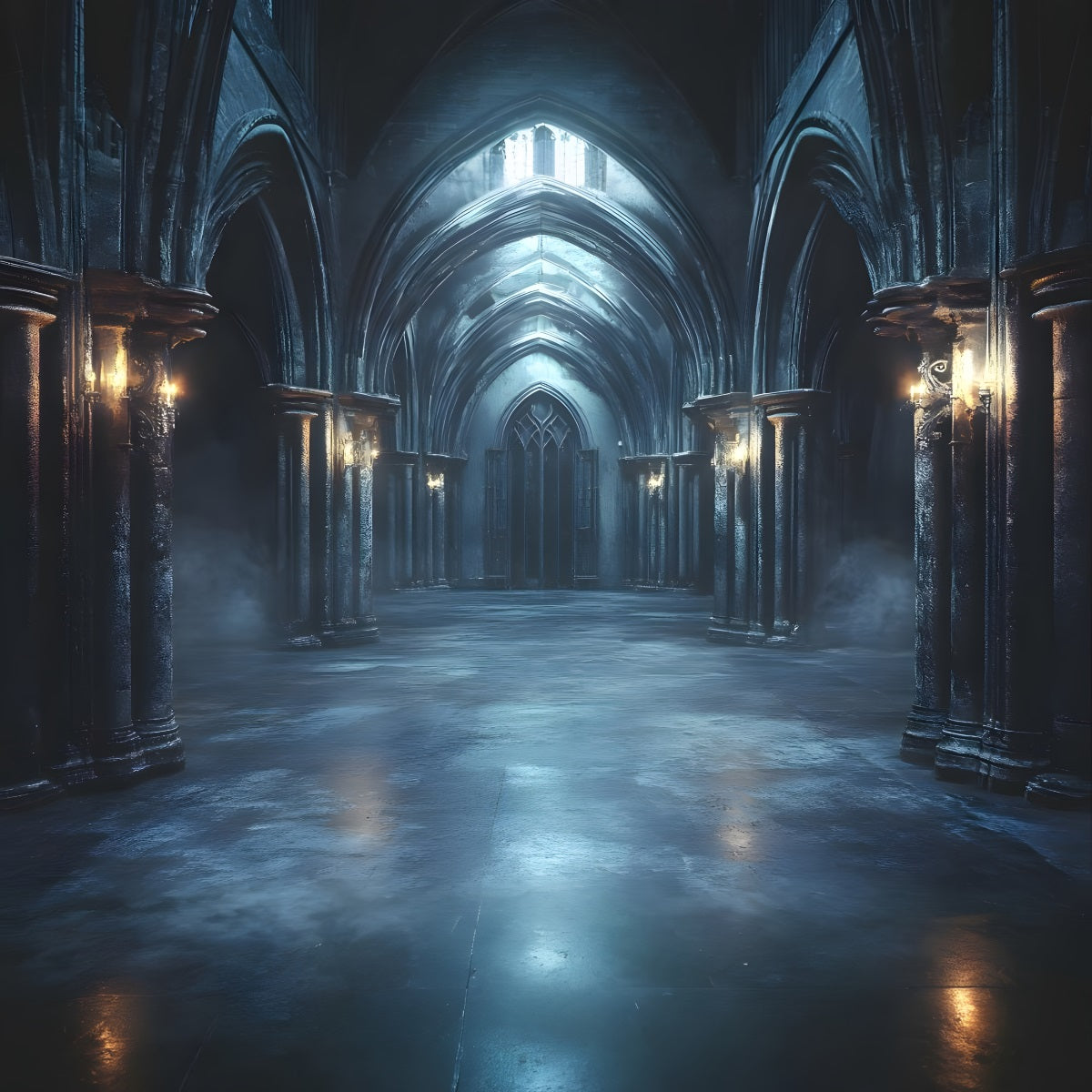 Scary Halloween Foggy Gothic Cathedral Corridor Garage Door Backdrop GQ67-49