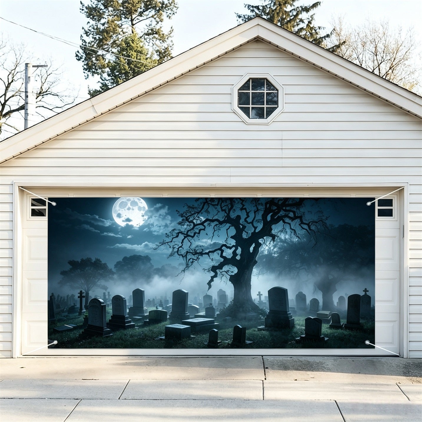 Halloween Graveyard Backdrop Moonlit Twisted Tree Halloween Garage Door Banner GQ67-50