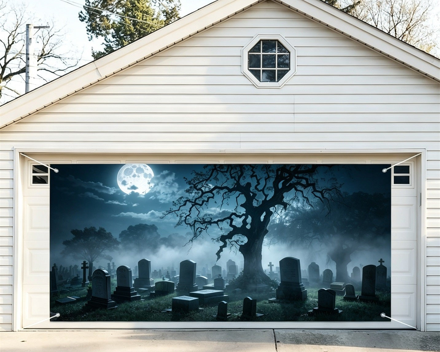 Halloween Graveyard Backdrop Moonlit Twisted Tree Halloween Garage Door Banner GQ67-50-2 car