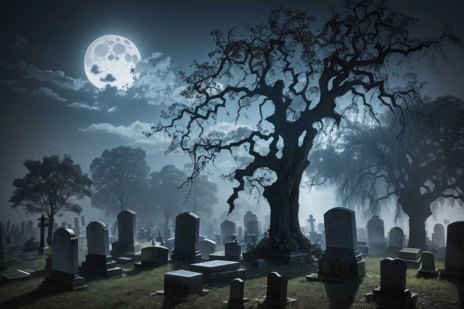 Halloween Graveyard Backdrop Moonlit Twisted Tree Halloween Garage Door Banner GQ67-50