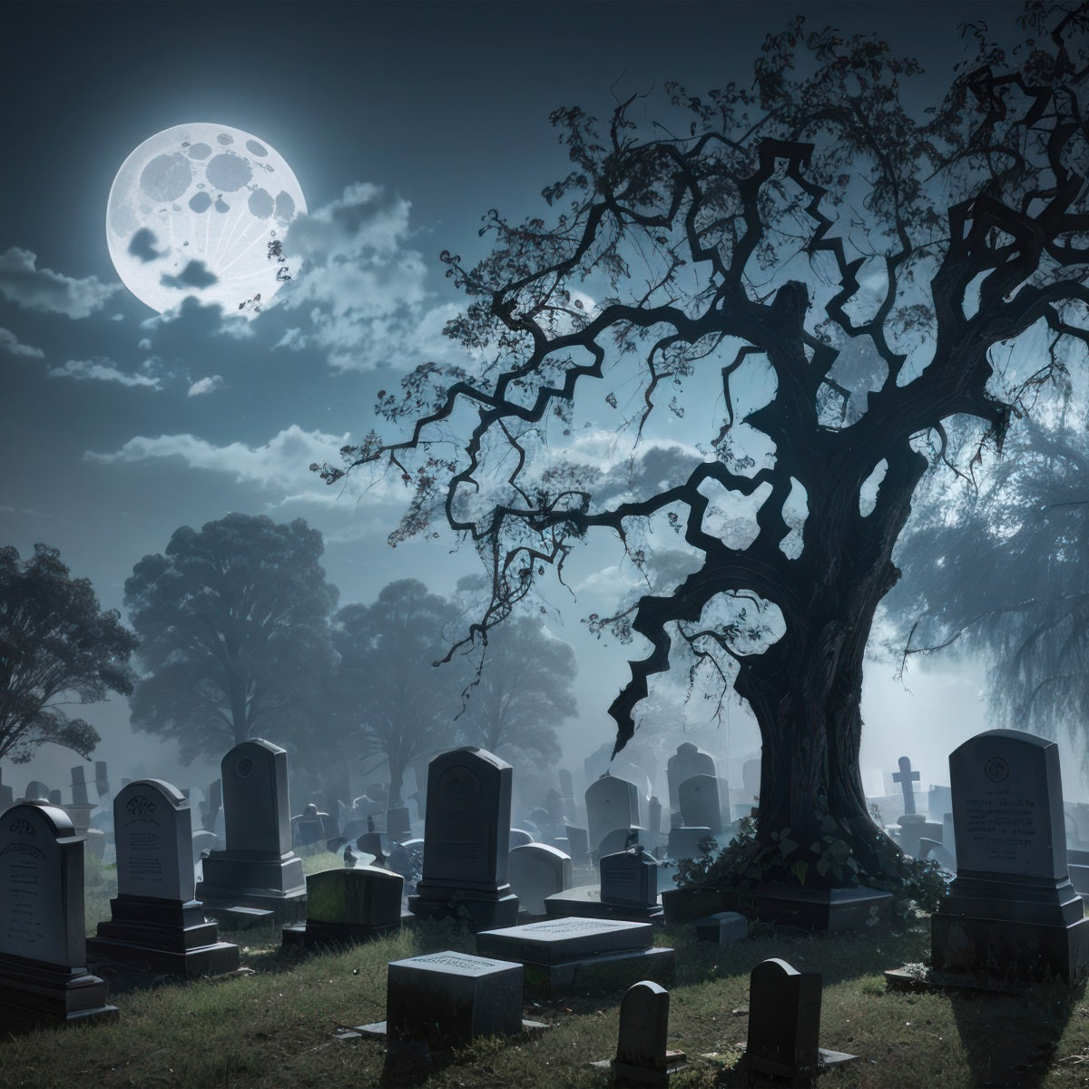 Halloween Graveyard Backdrop Moonlit Twisted Tree Halloween Garage Door Banner GQ67-50