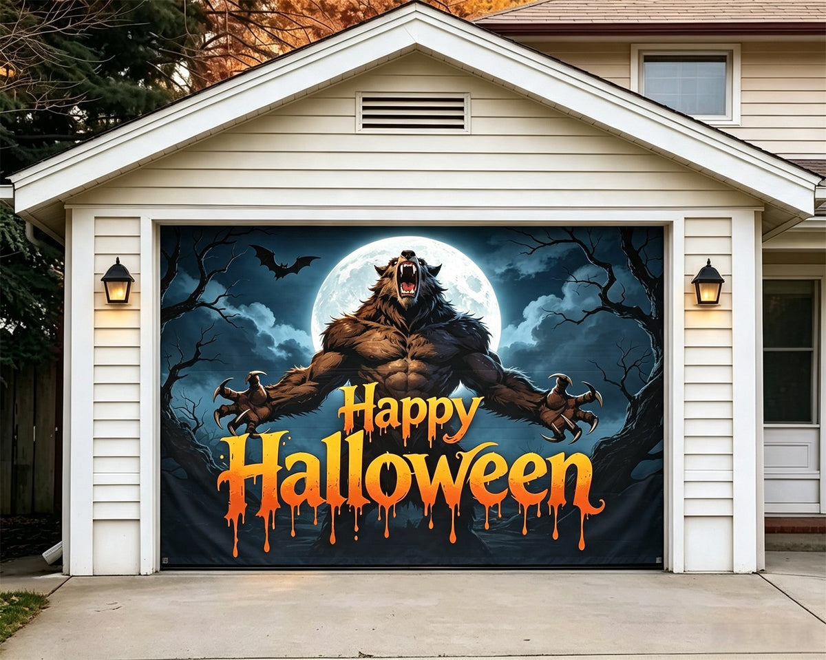 Spooky Halloween Garage Door Cover Moonlit Roaring Werewolf Halloween Porch Garage Door Decor GQ67-75-1 car