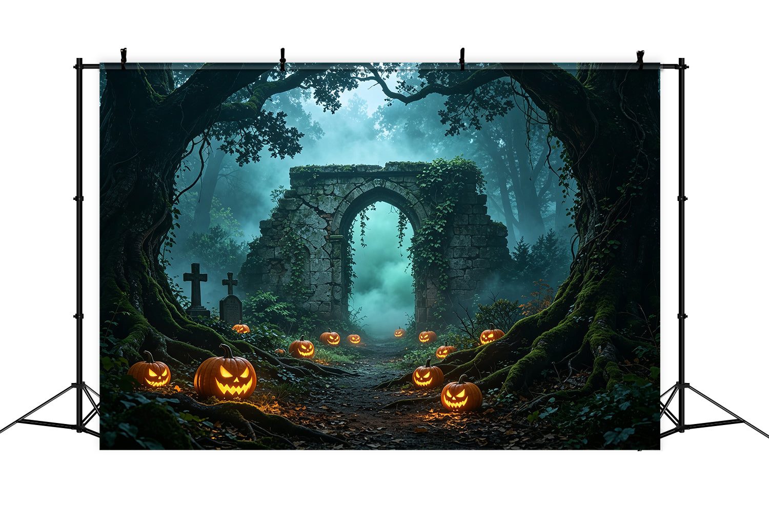 Halloween Forest Backdrop Misty Pumpkin Ruins Path Halloween Wall Backdrops GQ67-88