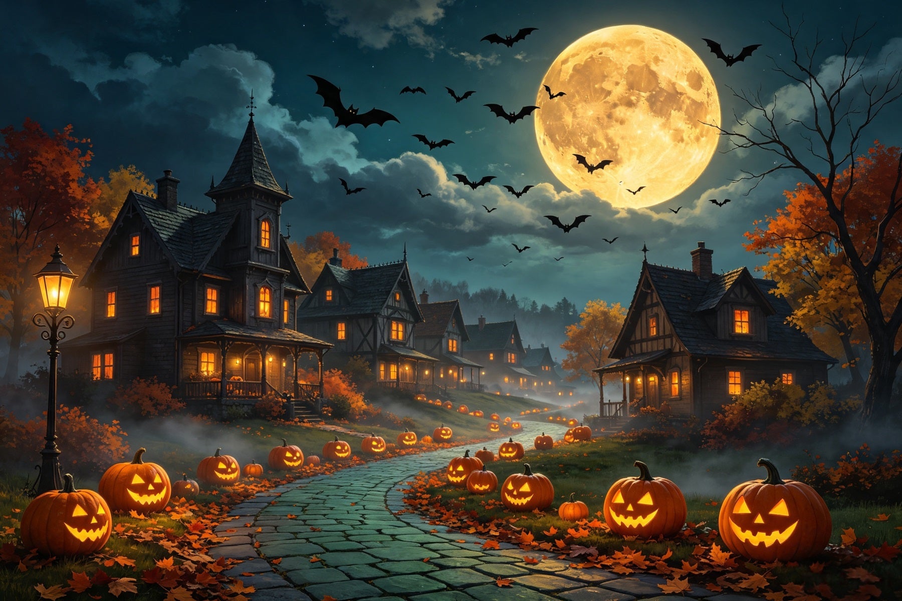 Halloween Village Backdrops Moonlit Pumpkin Road Diy Halloween Backdrop GQ67-90