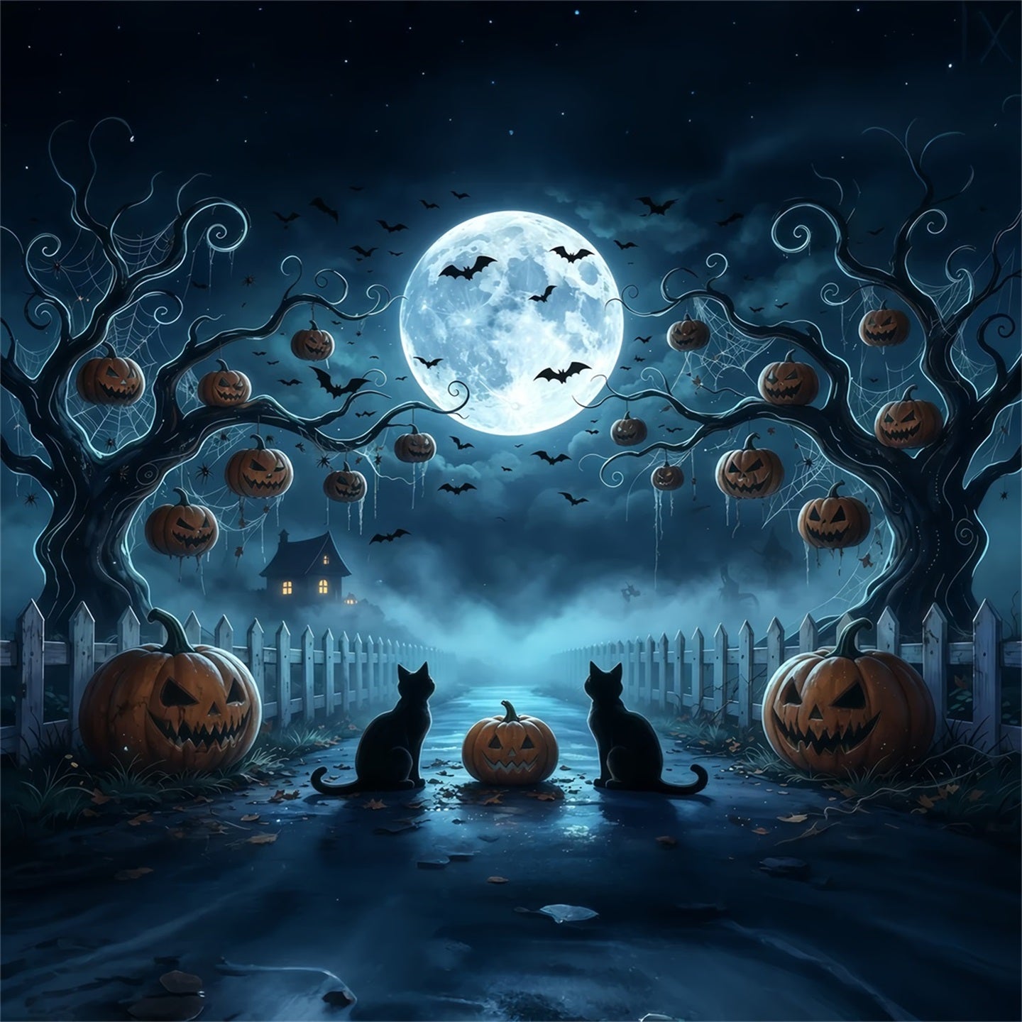 Spooky Tree Backdrop Moonlit Cat Pumpkin Path 10x10 Halloween Backdrop GQ67-91