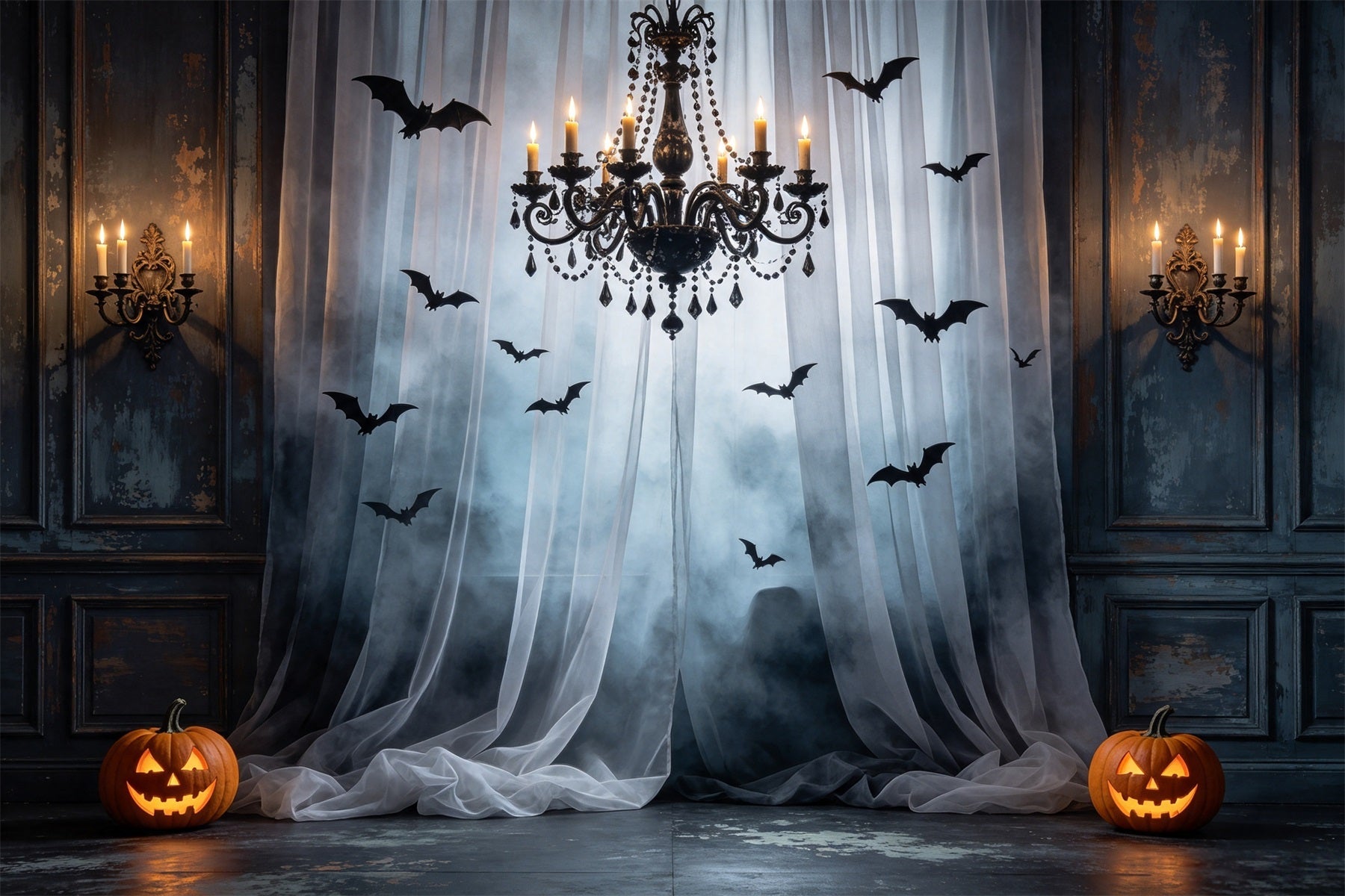 Bat Backdrop Foggy Curtain Chandelier Hall Halloween Scary Backdrop GQ67-92
