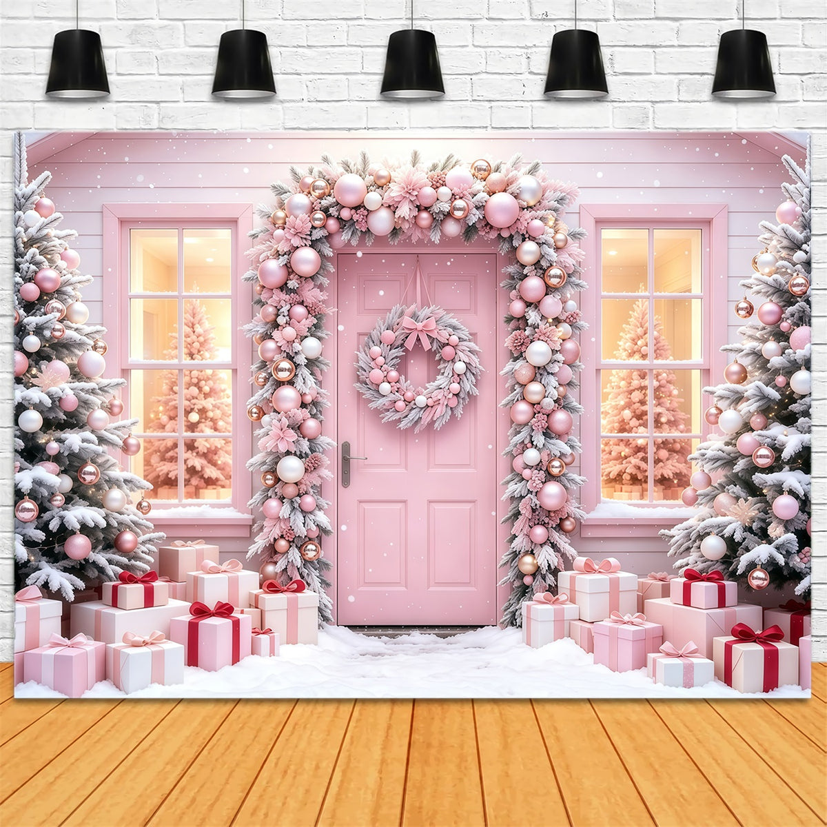 Pink Christmas Backdrop Snowy Tree Gift Doorway Christmas Muslin Backdrops GQ68-114