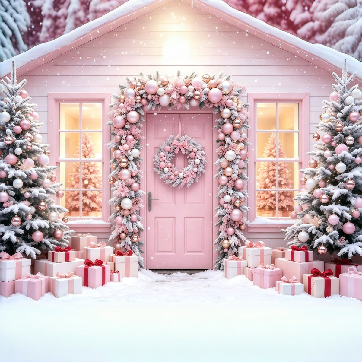 Pink Christmas Backdrop Snowy Tree Gift Doorway Christmas Muslin Backdrops GQ68-114