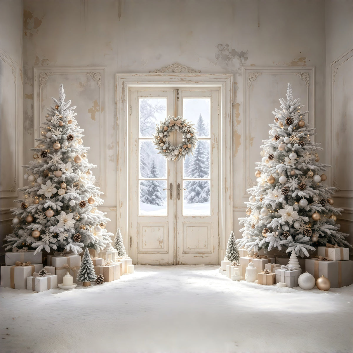 Simple Christmas Backdrop White Frosted Door Trees Christmas Backdrops GQ68-116