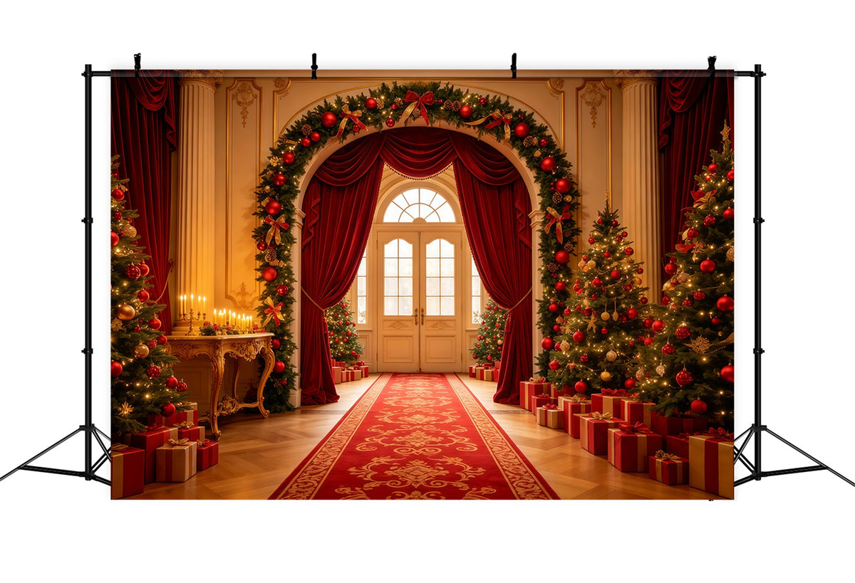 Christmas Living Room Backdrop Grand Red Curtain Archway Christmas Photography Backdrop GQ68-120