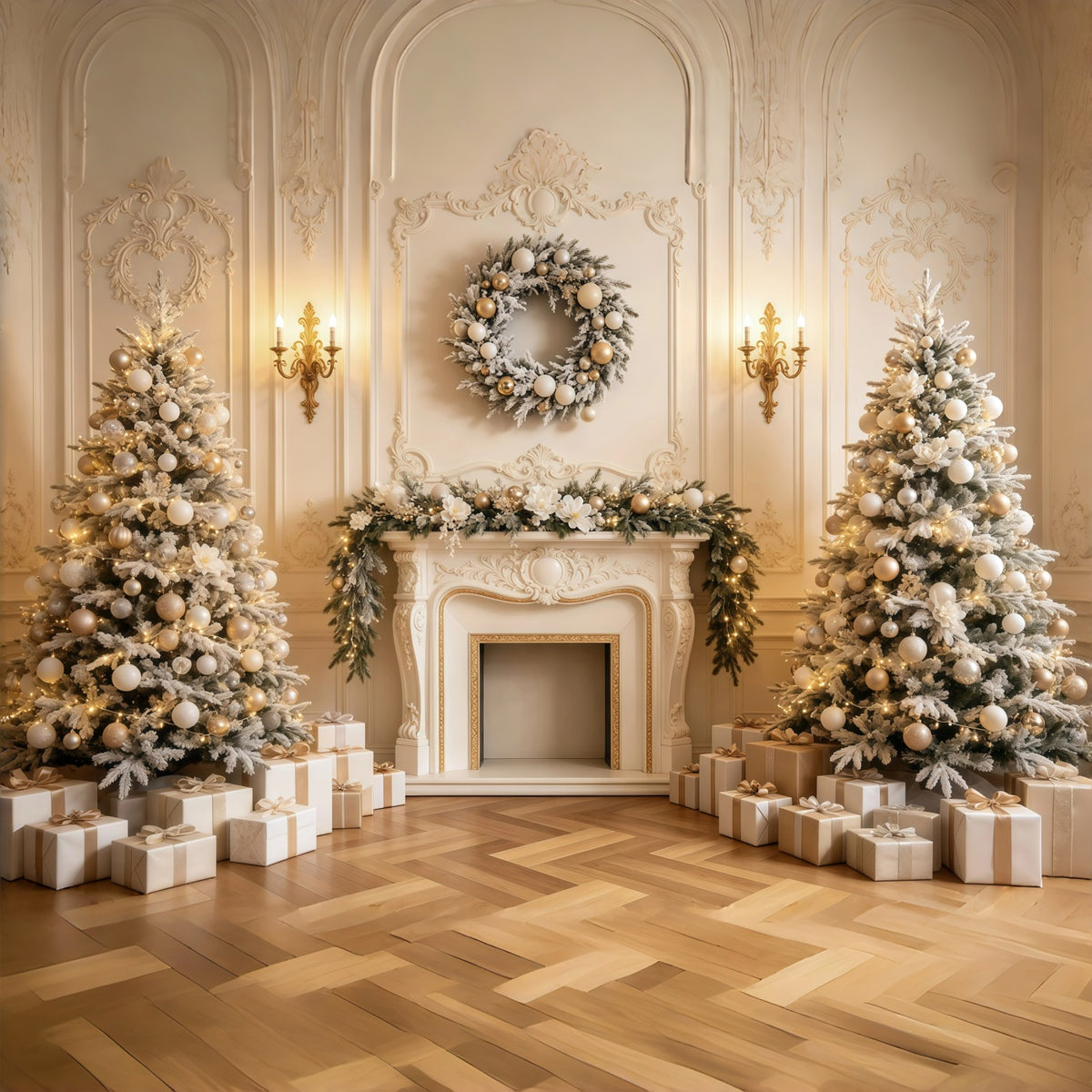 Fireplace Backdrop Christmas Cozy Golden Mantel Decor Indoor Christmas Backdrop GQ68-135