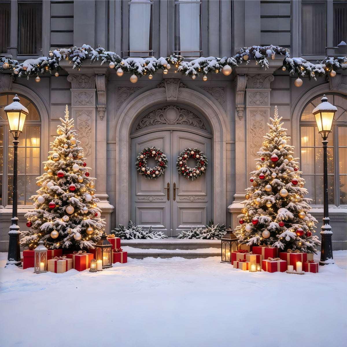 Christmas House Backdrop Snowy Mansion Doorway Trees Indoor Christmas Backdrop GQ68-61