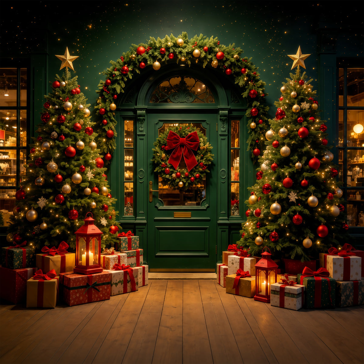 Christmas Shop Backdrop Dark Green Archway Lights Studio Backdrops Christmas GQ68-62