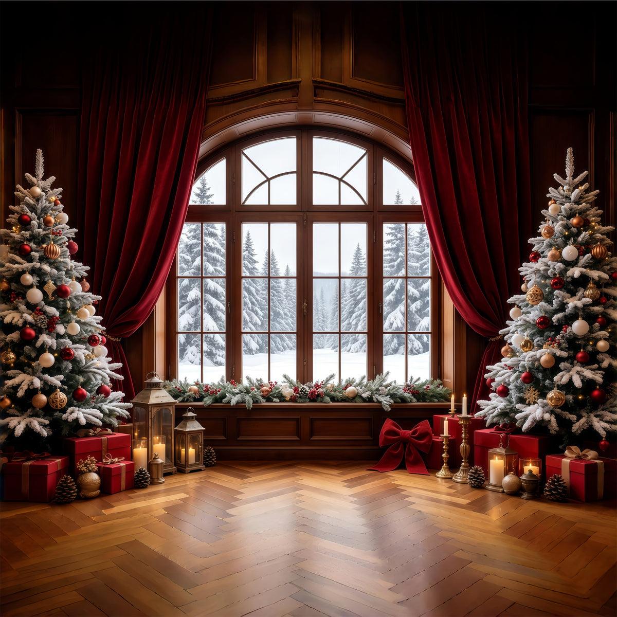 Christmas Window Backdrop Snowy View Curtain Trees Photo Christmas Backdrops GQ68-64
