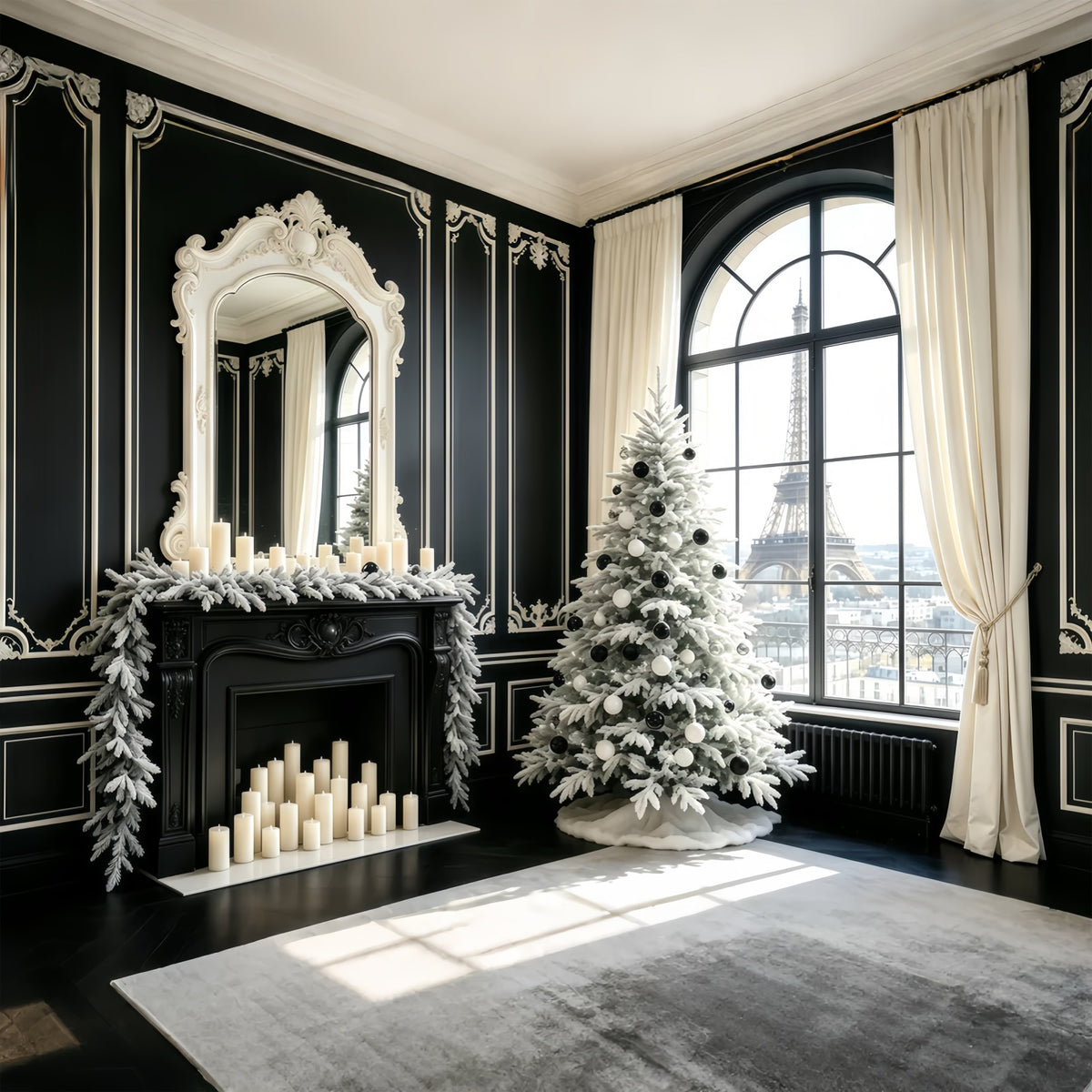 Black Christmas Backdrop Paris Window View Tree Christmas Indoor Backdrop GQ68-70