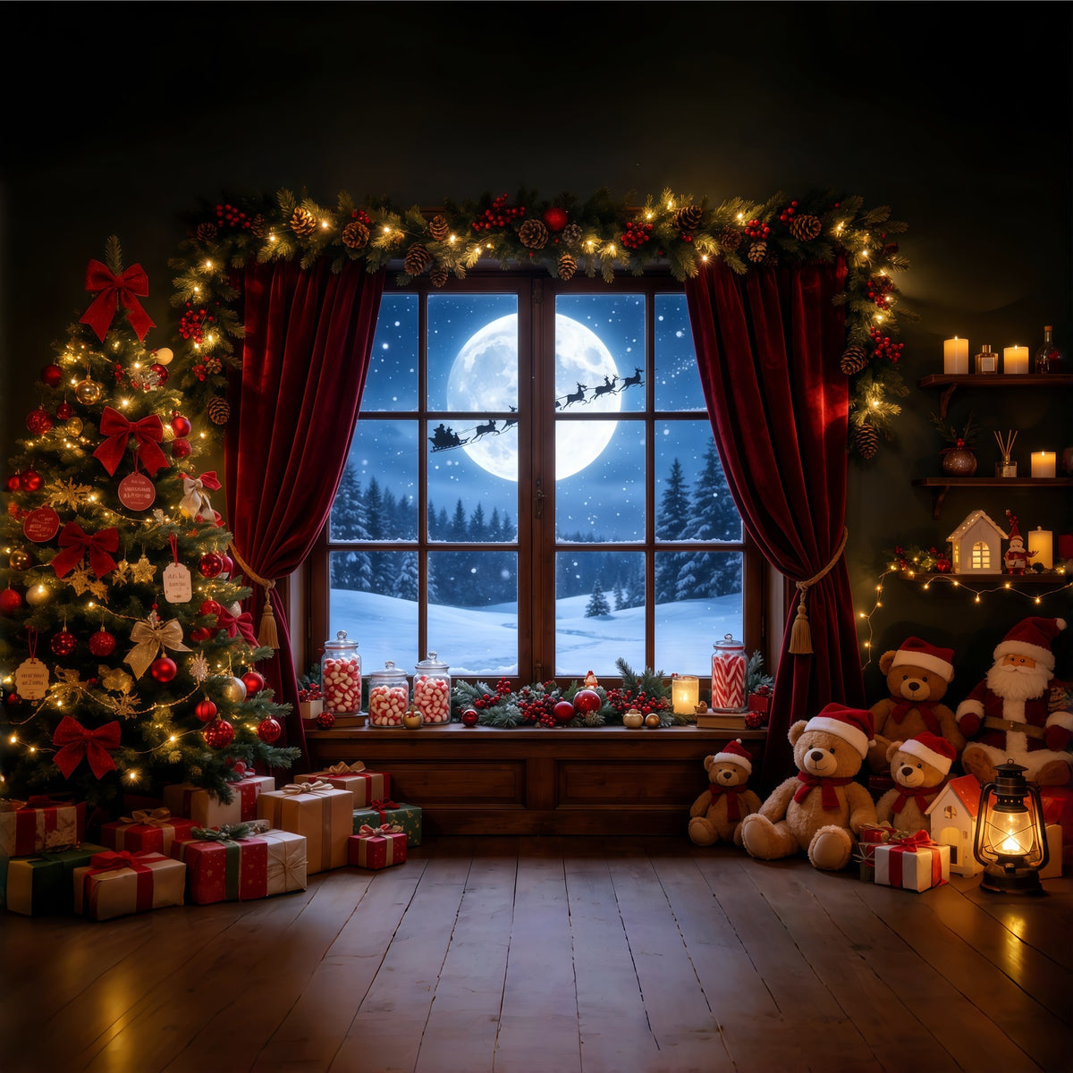 Christmas Night Backdrop Moonlit Window Teddy Room Professional Christmas Backdrop GQ68-72