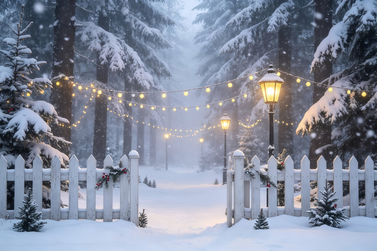 Winter Christmas Backdrop Snowy Forest Light Path Muslin Christmas Backdrop GQ68-74