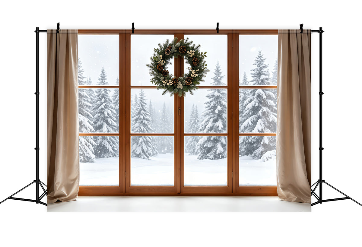 Christmas Window Backdrop Rustic Wreath Snowy Forest Christmas Photo Backdrop GQ68-80