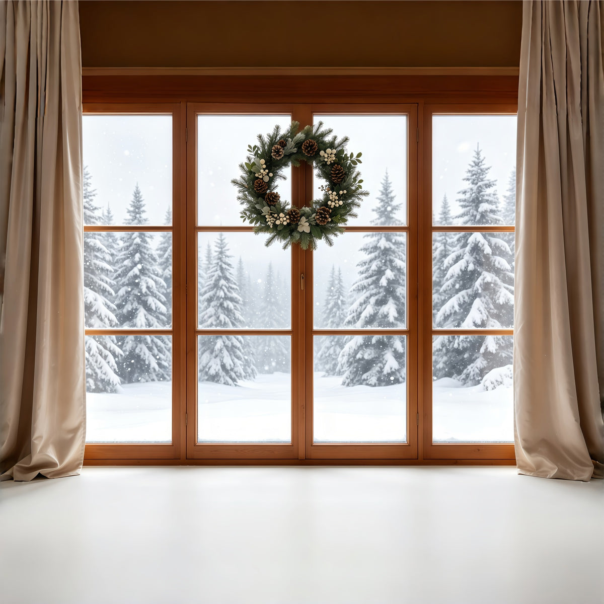 Christmas Window Backdrop Rustic Wreath Snowy Forest Christmas Photo Backdrop GQ68-80