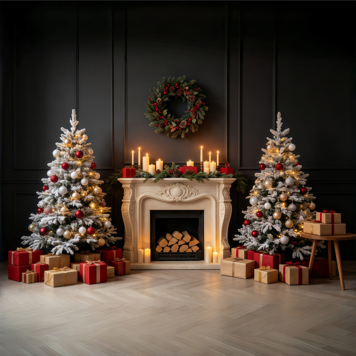 Vintage Christmas Backdrop Dark Fireplace Mantel Glow Professional Christmas Backdrops GQ68-84