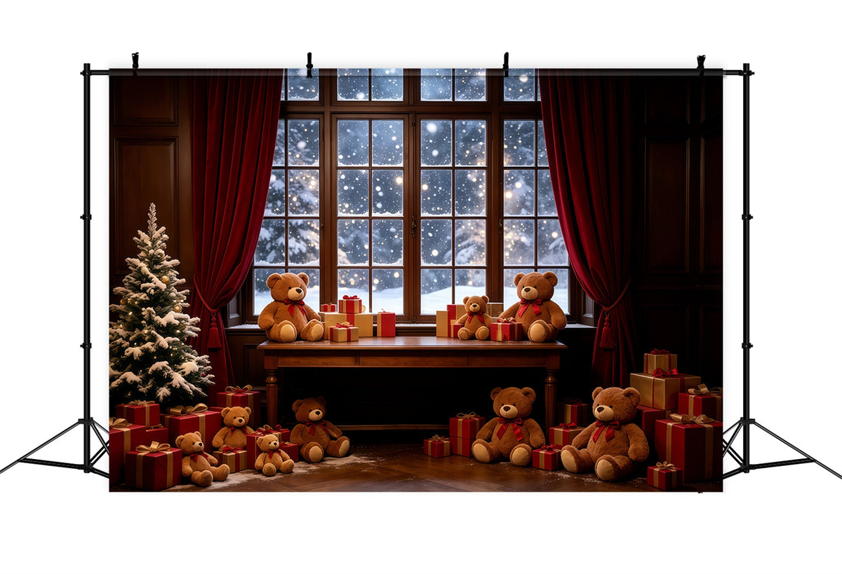 Cozy Christmas Backdrop Teddy Bear Window Display Christmas Photography Backdrops GQ68-85
