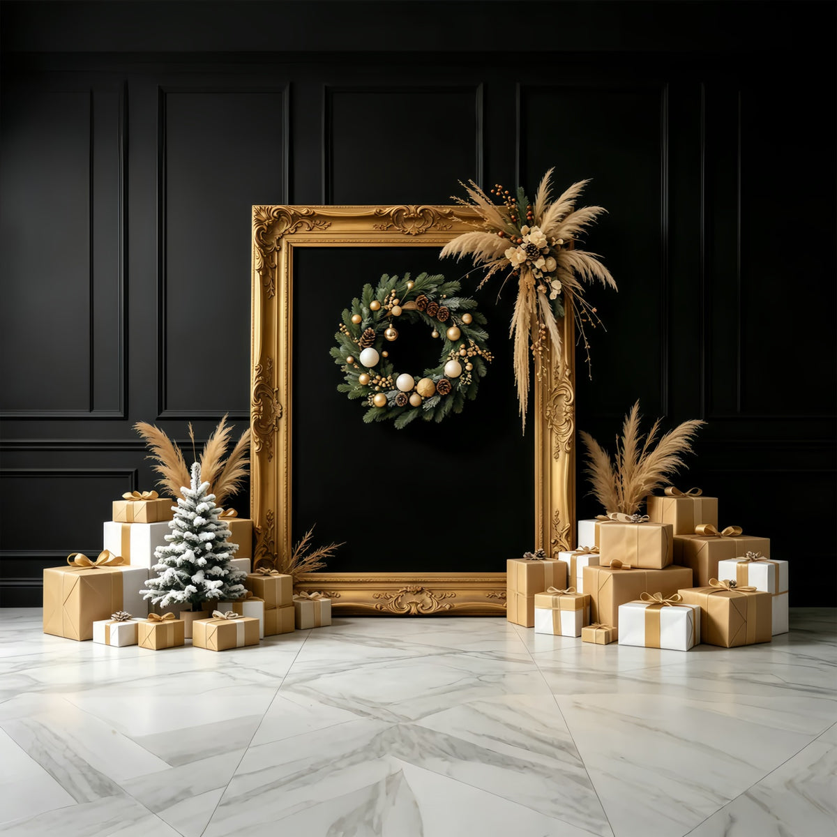 Black And Gold Christmas Backdrop Golden Frame Gift Display Large Christmas Backdrops GQ68-87