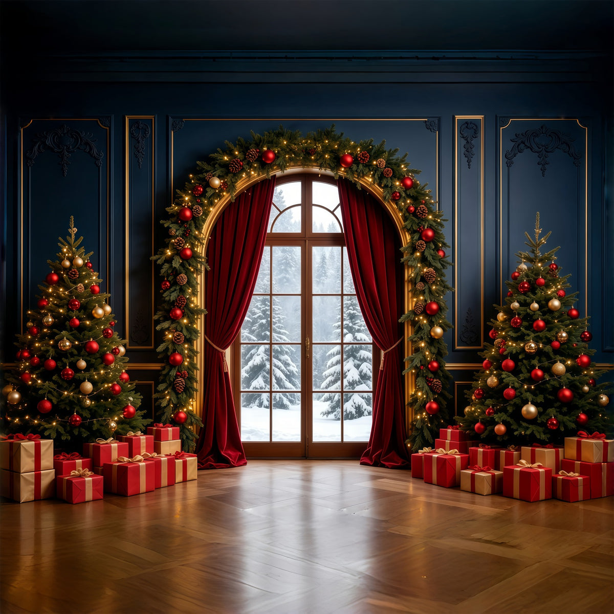 Christmas Living Room Backdrop Elegant Arched Window Decor Large Christmas Backdrop GQ68-90