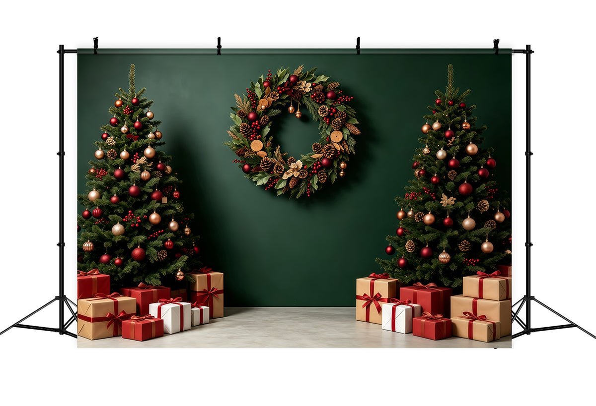 Green Christmas Backdrop Tree Wreath Gift Boxes Backdrops Christmas GQ68-91