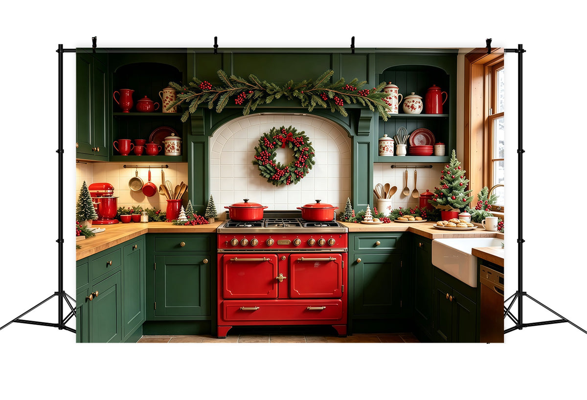 Christmas Kitchen Backdrops Green Garland Room Decor Studio Backdrops Christmas GQ69-1