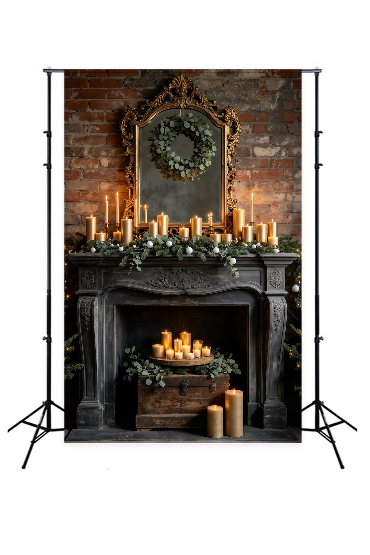 Christmas Fireplace Backdrop Vintage Mirror Candle Mantel Christmas Photo Backdrop GQ69-21