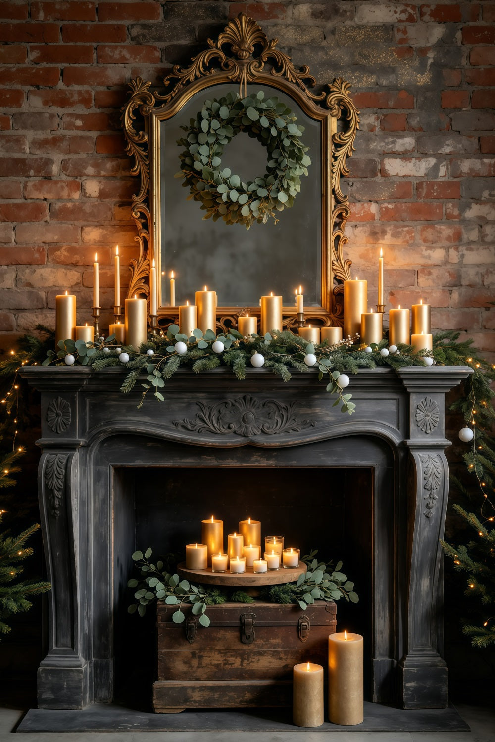 Christmas Fireplace Backdrop Vintage Mirror Candle Mantel Christmas Photo Backdrop GQ69-21
