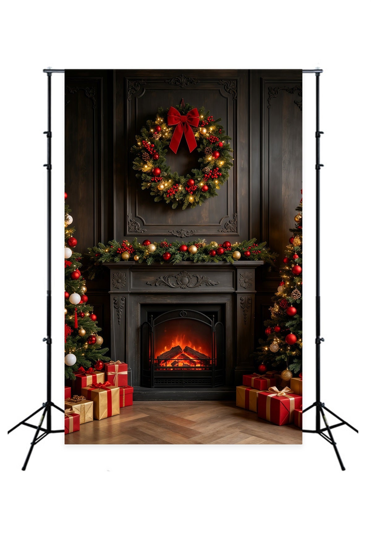 Dark Christmas Backdrop Vintage Fireplace Wreath Mantel Christmas Photography Backdrops GQ69-26