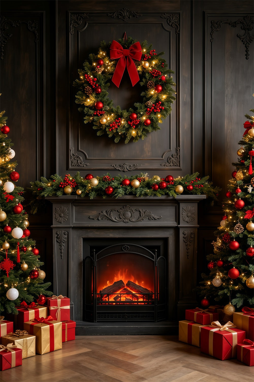 Dark Christmas Backdrop Vintage Fireplace Wreath Mantel Christmas Photography Backdrops GQ69-26