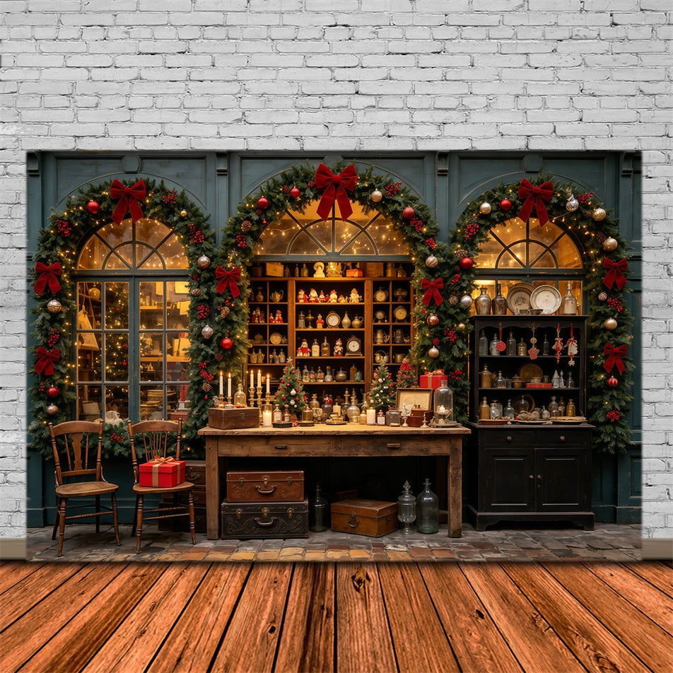 Christmas Storefront Backdrop Antique Shop Garland Window Christmas Wall Backdrop GQ69-29