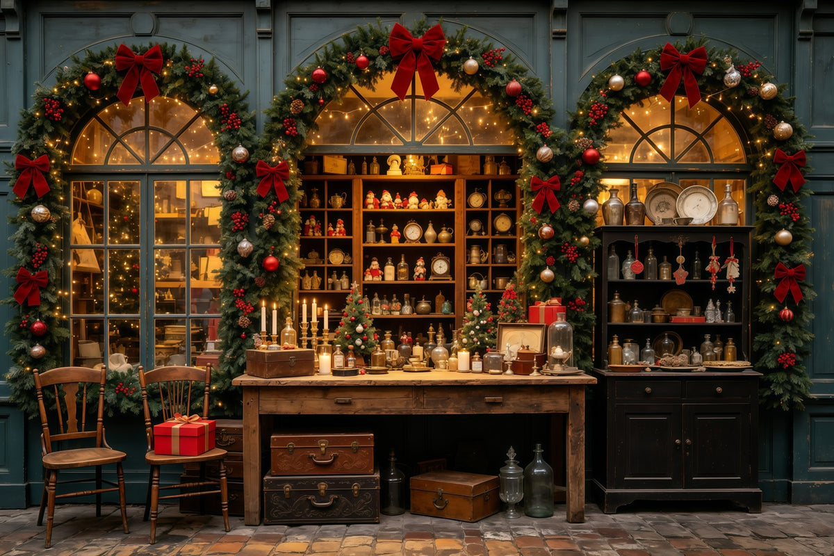Christmas Storefront Backdrop Antique Shop Garland Window Christmas Wall Backdrop GQ69-29