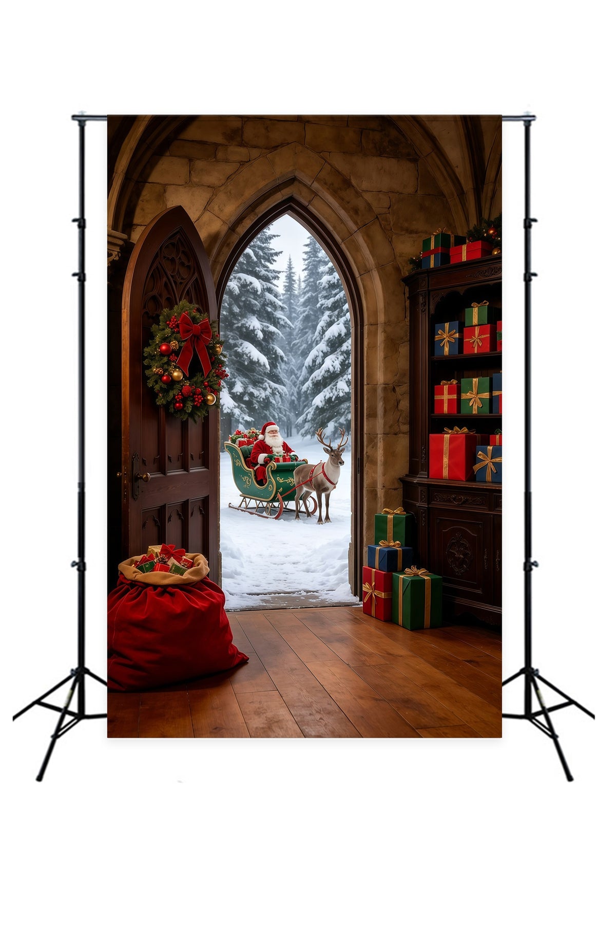Santa Christmas Backdrop Gothic Arch Winter Entrance Large Christmas Backdrop GQ69-31