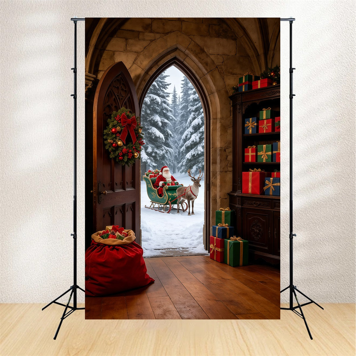 Santa Christmas Backdrop Gothic Arch Winter Entrance Large Christmas Backdrop GQ69-31