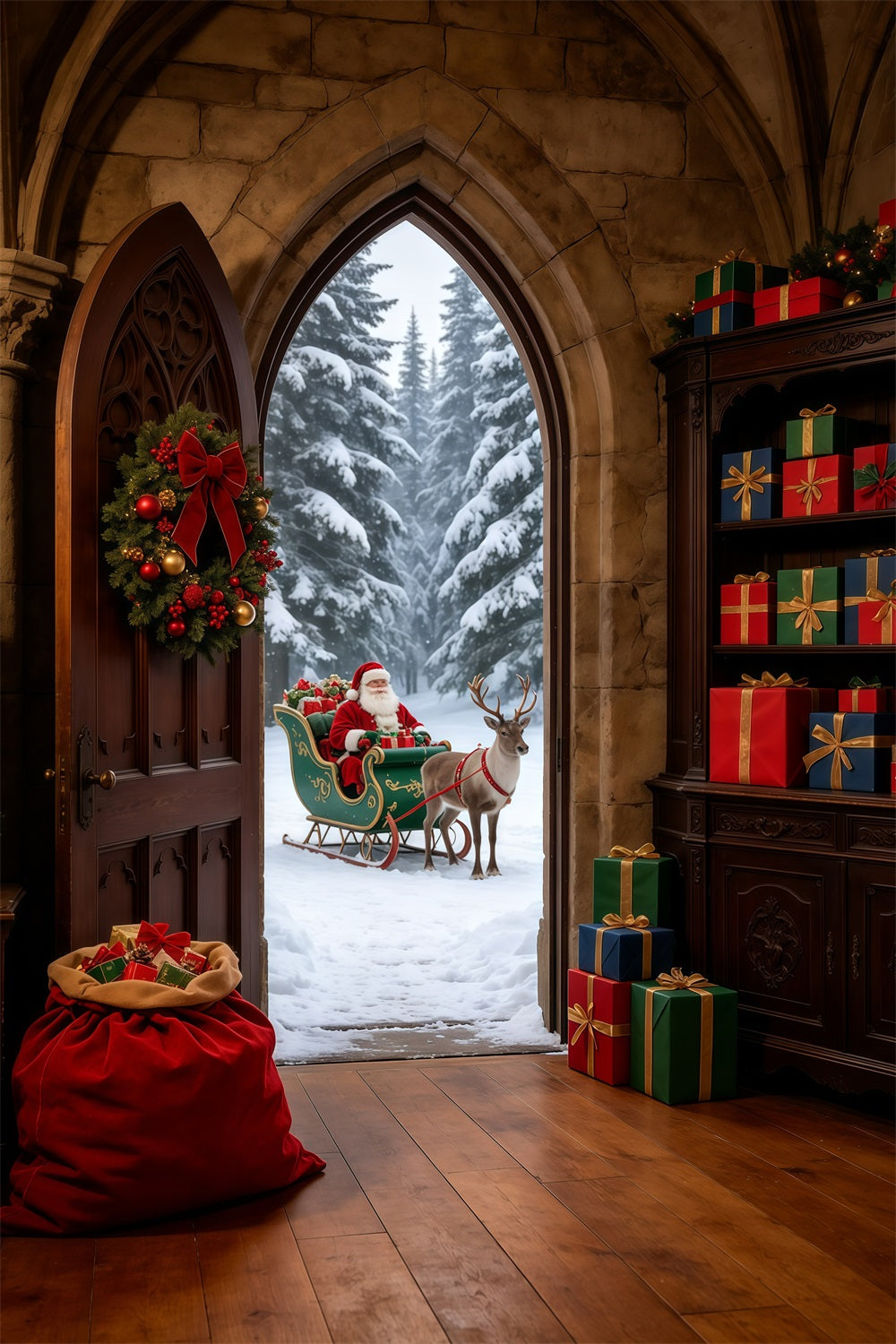 Santa Christmas Backdrop Gothic Arch Winter Entrance Large Christmas Backdrop GQ69-31