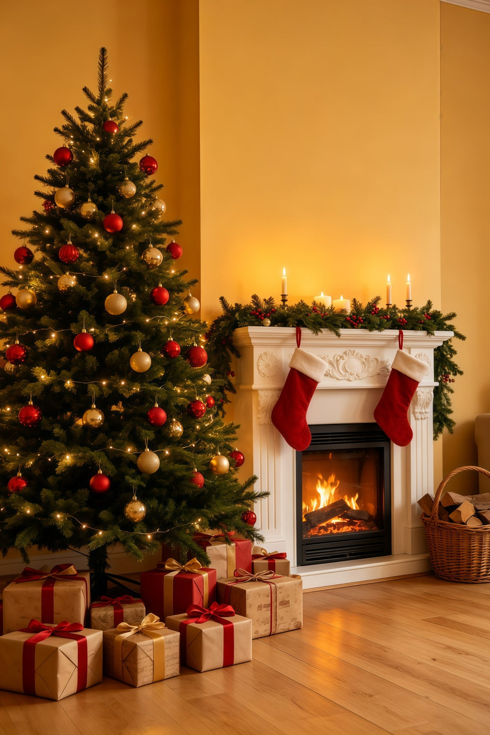 Cozy Christmas Backdrop Golden Fireplace Tree Corner Photo Backdrops Christmas GQ69-35